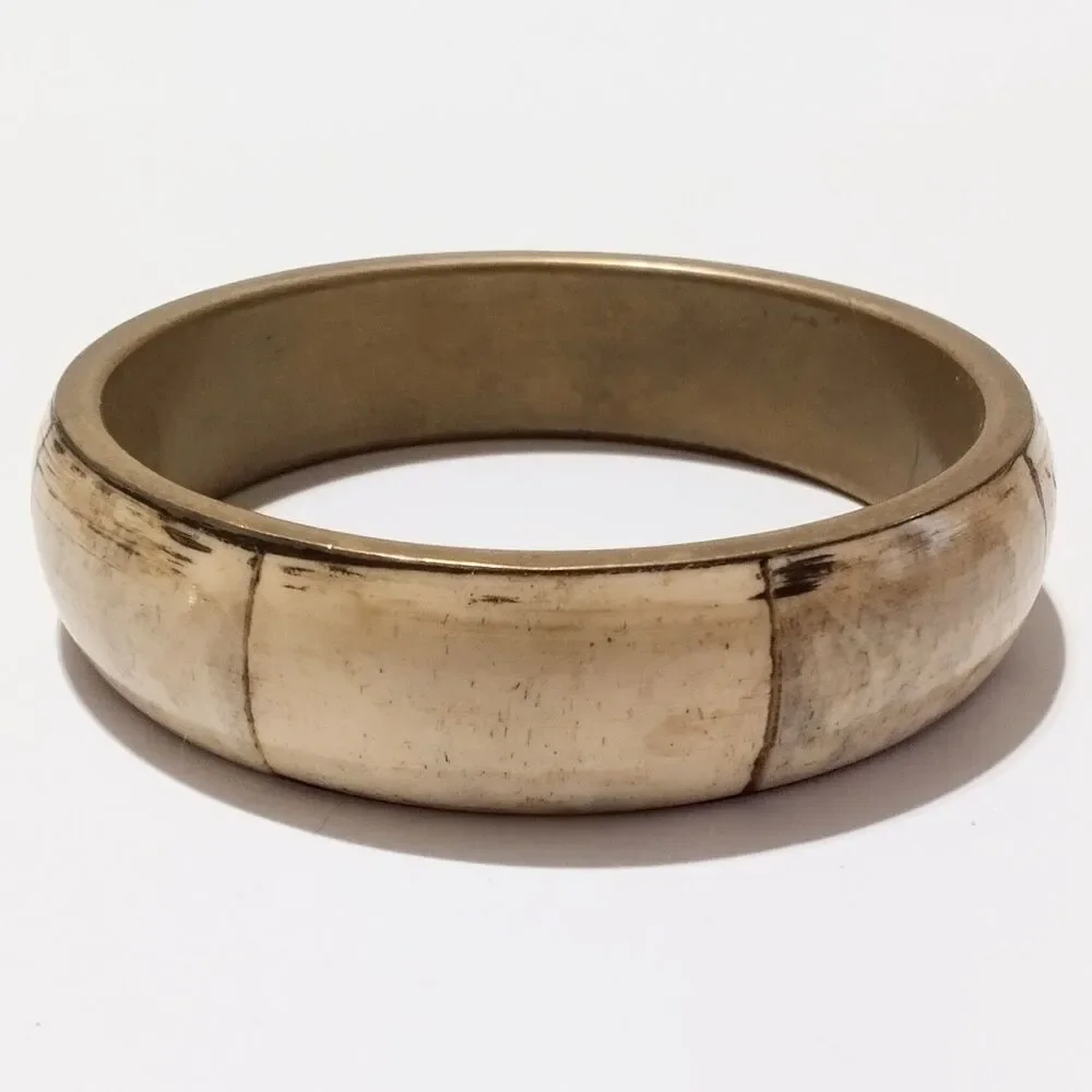 Vintage Brass Inlay Cream Organic Material Bangle Bracelet Boho